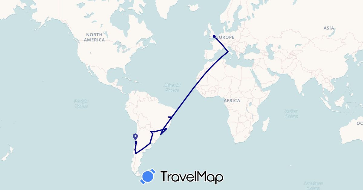 TravelMap itinerary: driving in Argentina, Brazil, Chile, United Kingdom, Italy, Paraguay (Europe, South America)